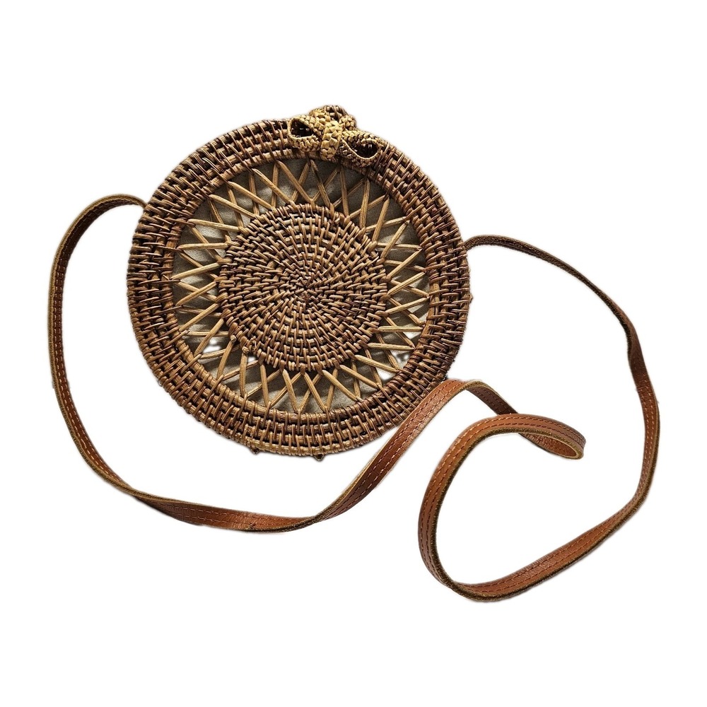 Round Canteen Style Rattan Straw‎ Bag Wicker Purse Boho Bag for Women Cross Body